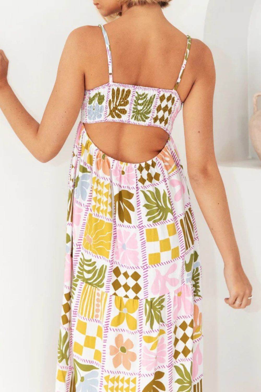 Cutout Back Maxi Cami Dress with Adjustable Straps (Various Prints) - MARIGOLD 