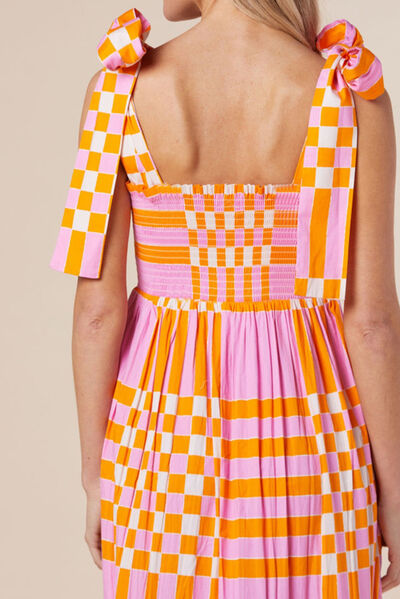 Shoulder Tie Pink and Orange Printed Checkered Maxi Dress - MARIGOLD 