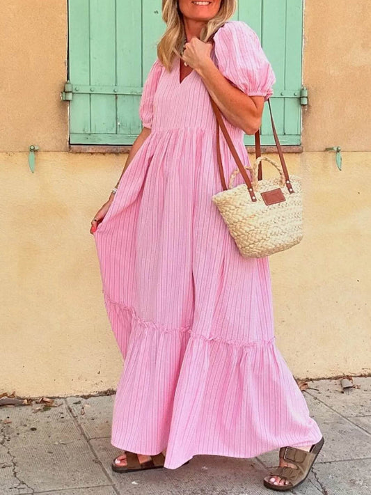 Striped Puff Sleeve V-Neck Maxi Dress - MARIGOLD 