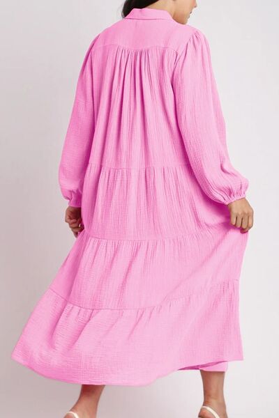 Tiered Johnny Collar Long Sleeve Dress - MARIGOLD 