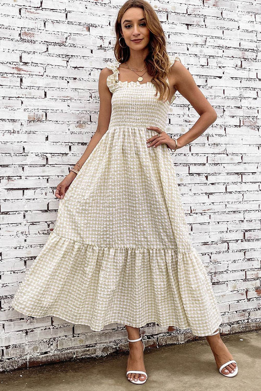 Plaid Ruffle Strap Square Neck Dress - MARIGOLD 
