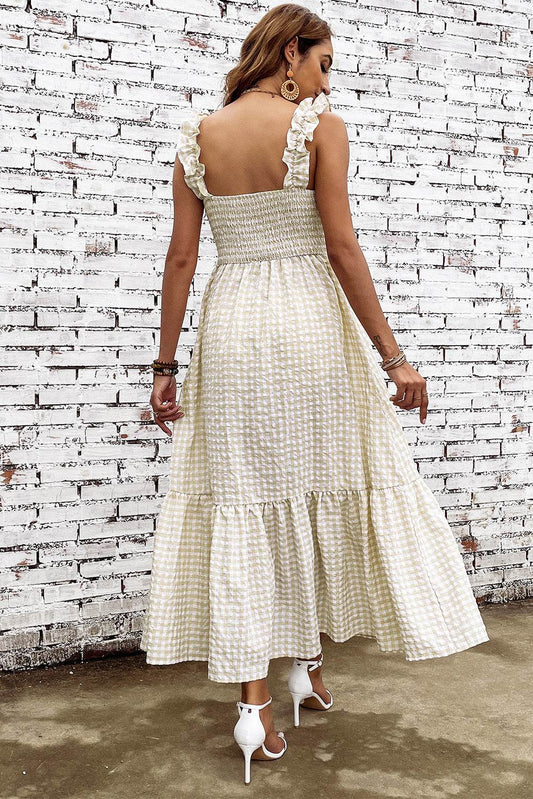 Plaid Ruffle Strap Square Neck Dress - MARIGOLD 