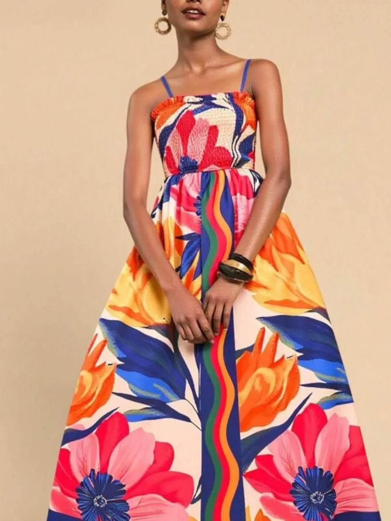 Floral Art Print Cami Maxi Dress - MARIGOLD 