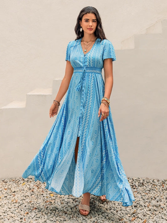 Blue Button Down Bohemian Print Maxi Dress - MARIGOLD 