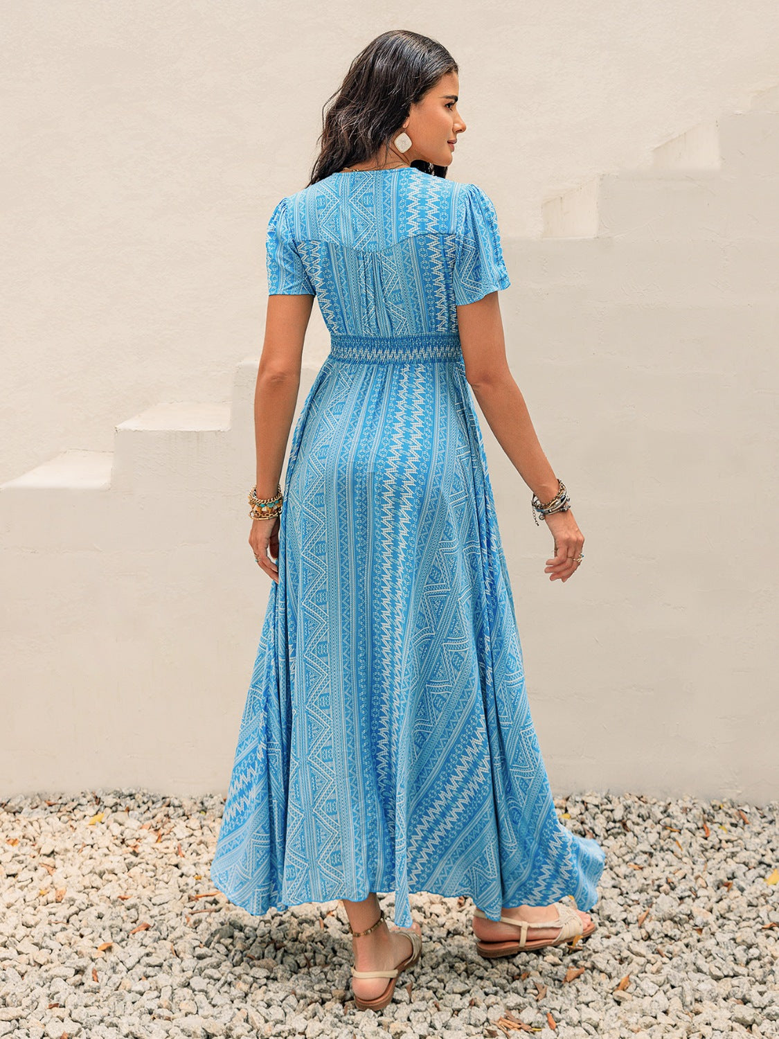 Blue Button Down Bohemian Print Maxi Dress - MARIGOLD 