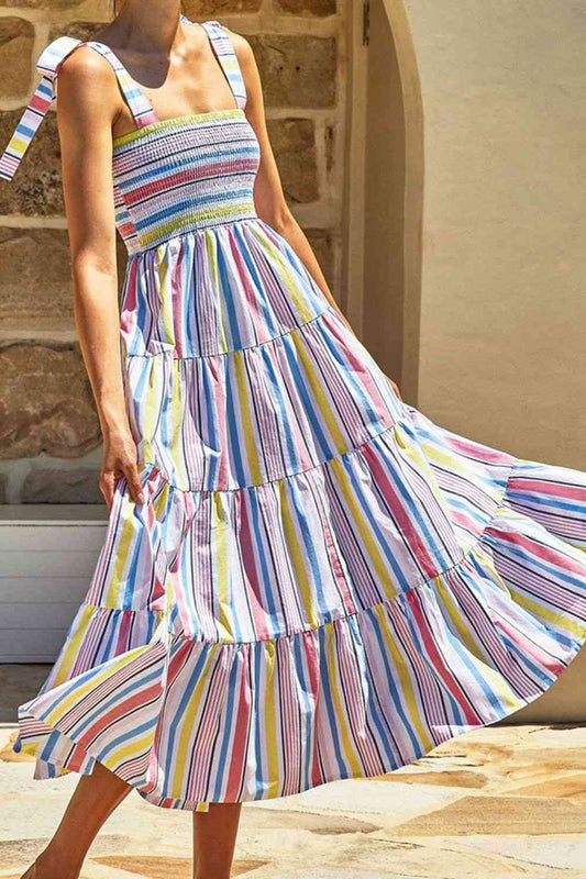 Striped Tie-Shoulder Smocked Tiered Dress - MARIGOLD 