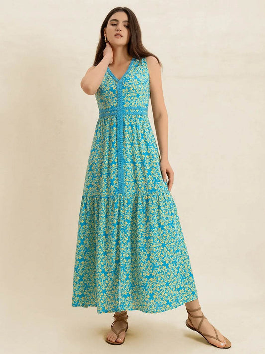 Printed Teal Slit V-Neck Maxi - MARIGOLD 