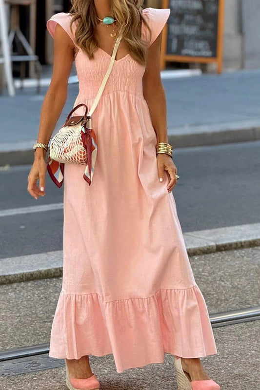 Ruffled Cap Sleeve Smocked Maxi Dress - MARIGOLD 