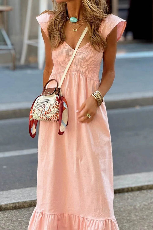 Ruffled Cap Sleeve Smocked Maxi Dress - MARIGOLD 
