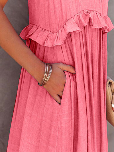 Ruffled Sleeveless Tiered Maxi Dress with Pockets - MARIGOLD 