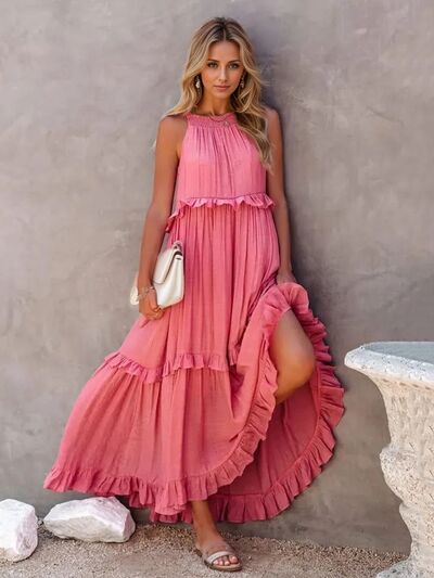 Ruffled Sleeveless Tiered Maxi Dress with Pockets - MARIGOLD 