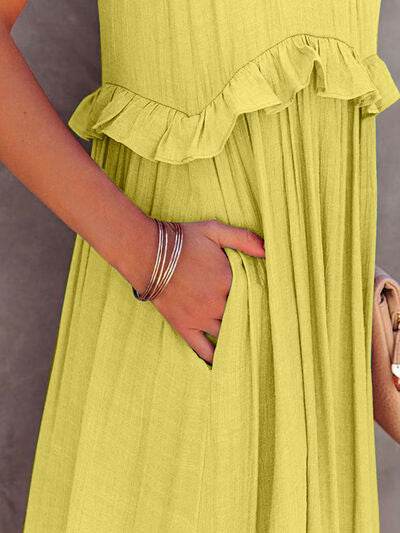 Ruffled Sleeveless Tiered Maxi Dress with Pockets - MARIGOLD 