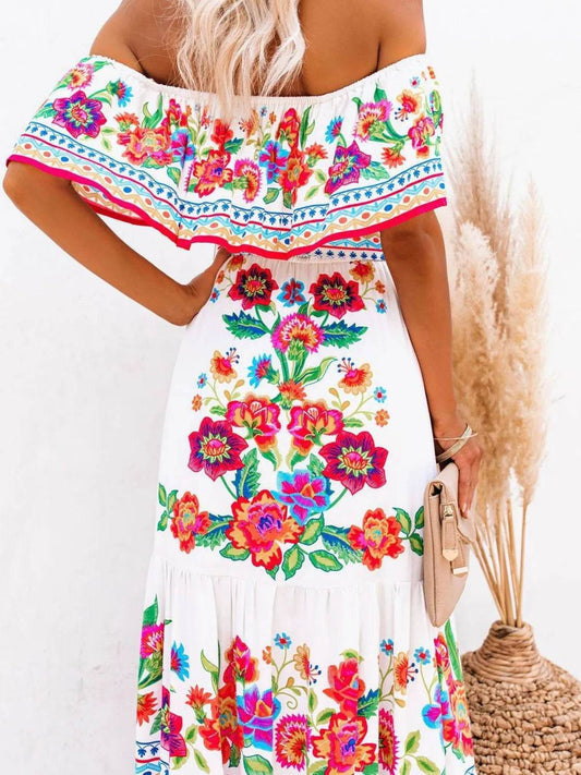 Floral Off Shoulder Ruffle Maxi Dress - MARIGOLD 