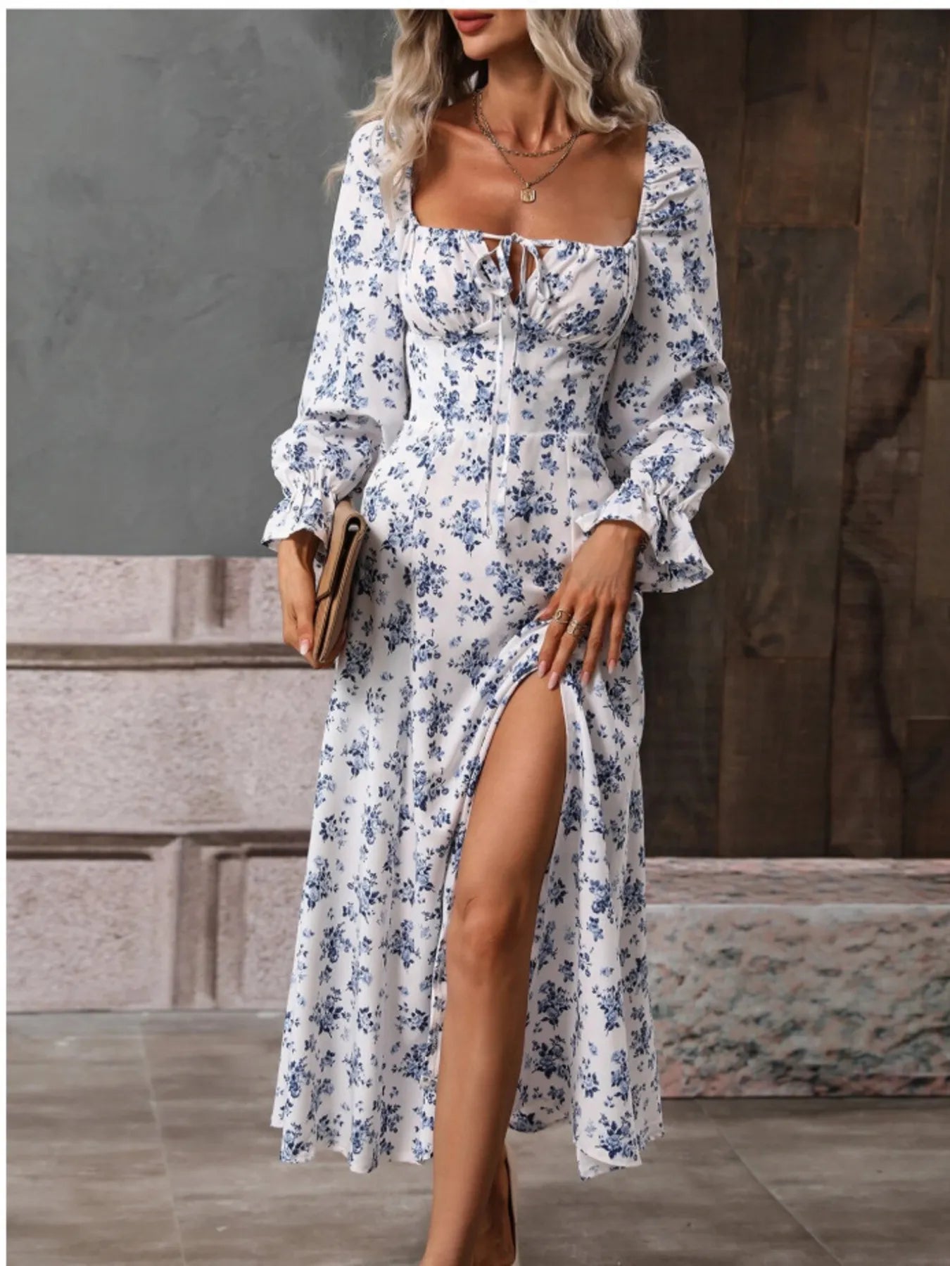 Floral Print Square Neck Flounce Sleeve Dress with Side Slit white