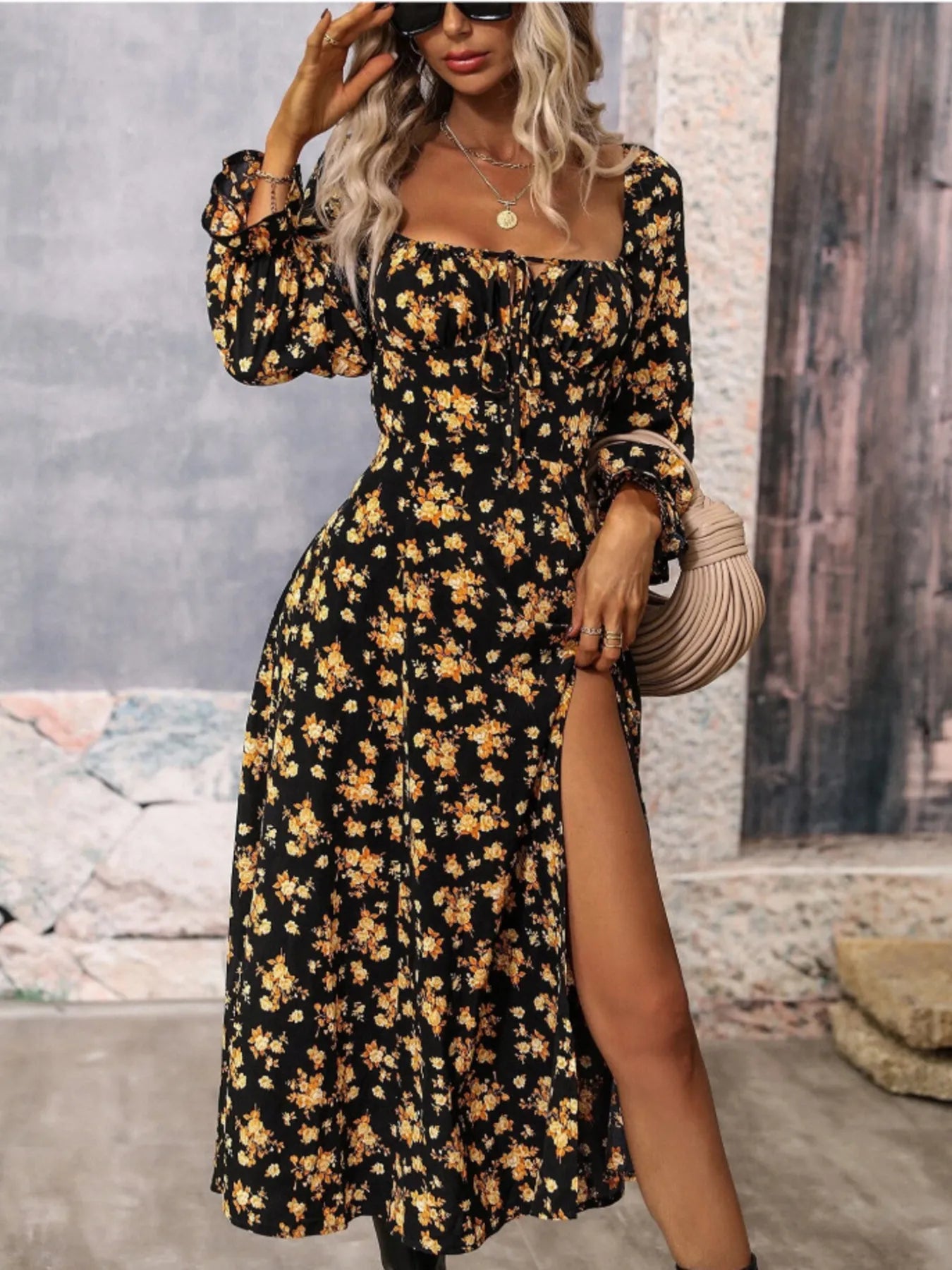 Floral Print Square Neck Flounce Sleeve Dress with Side Slit gold