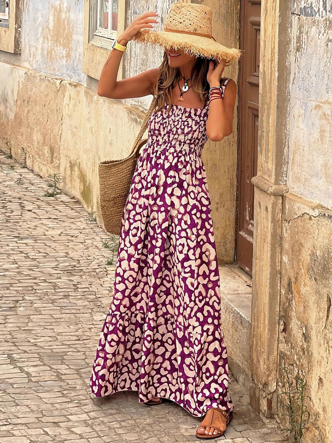 Geometric Print Smocked Square Neck Sleeveless Maxi Dress - MARIGOLD 