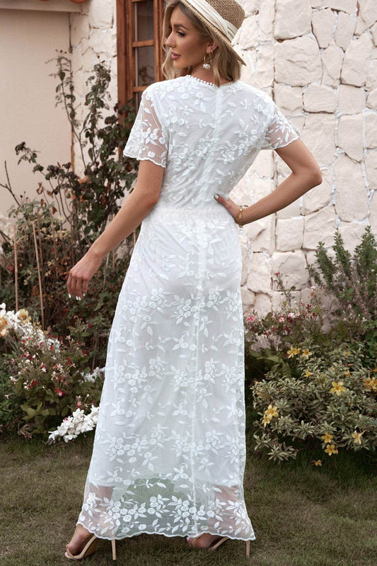 White floral embroidered short-sleeve surplice neck maxi dress - MARIGOLD 