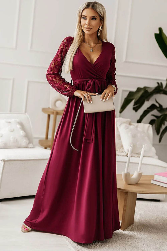 Lace Detail Surplice Tie-Waist Maxi Dress - MARIGOLD 