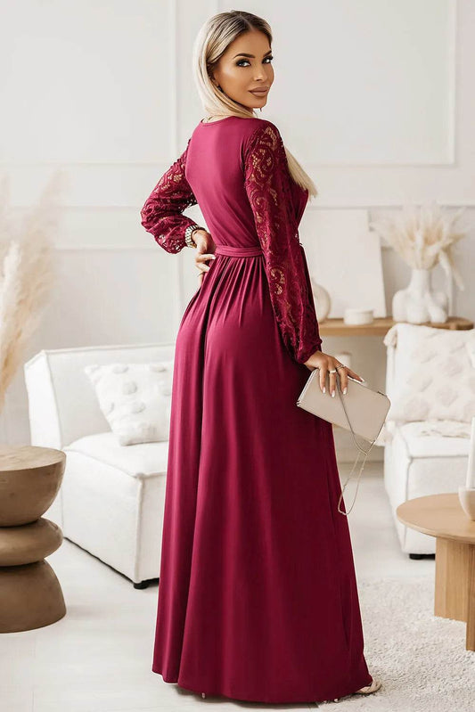 Lace Detail Surplice Tie-Waist Maxi Dress - MARIGOLD 