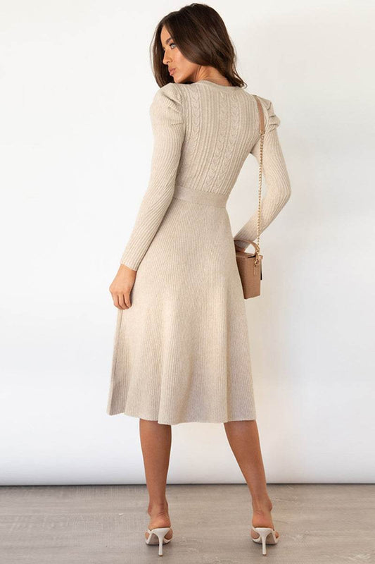 Puff Shoulder Long Sleeve Tie Waist Sweater Dress - MARIGOLD 
