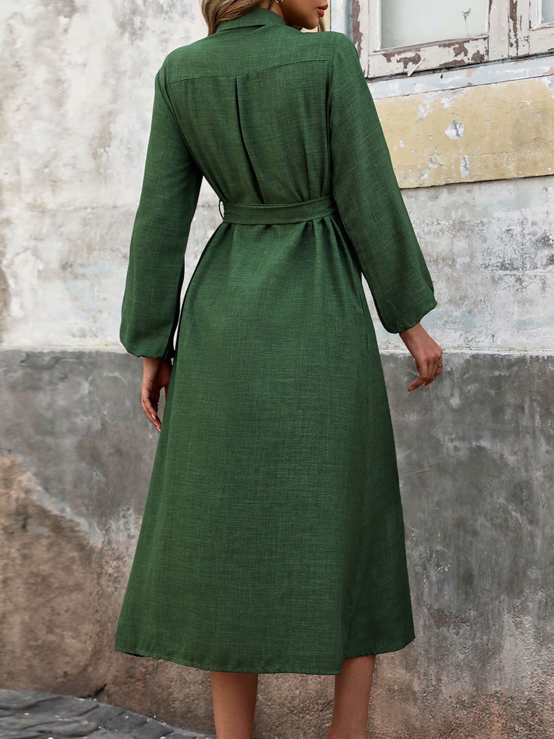 Collared Neck Long Sleeve Midi Shirt Dress - MARIGOLD 