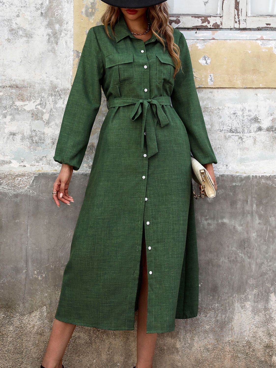 Collared Neck Long Sleeve Midi Shirt Dress - MARIGOLD 