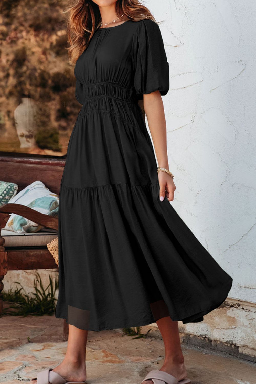 Puff Sleeve Pleated High Waist Flowy Midi Dress - MARIGOLD 