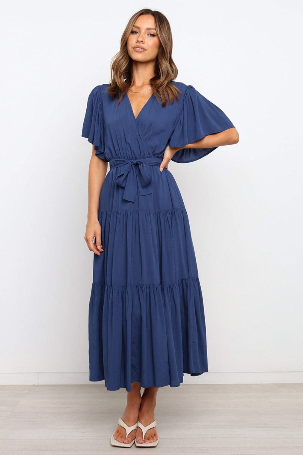 Angel Sleeve Tie-Waist Tiered Midi Dress - MARIGOLD 
