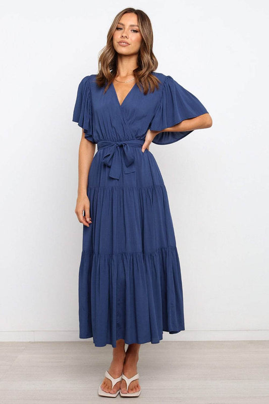 Angel Sleeve Tie-Waist Tiered Midi Dress - MARIGOLD 