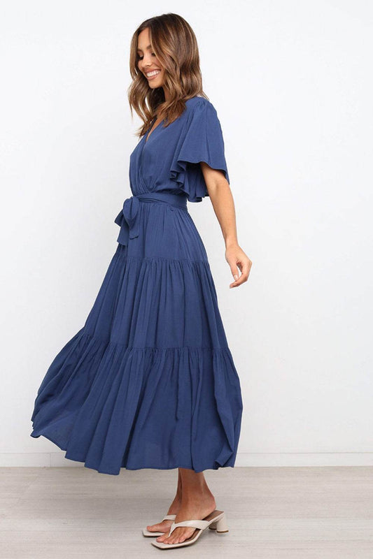 Angel Sleeve Tie-Waist Tiered Midi Dress - MARIGOLD 