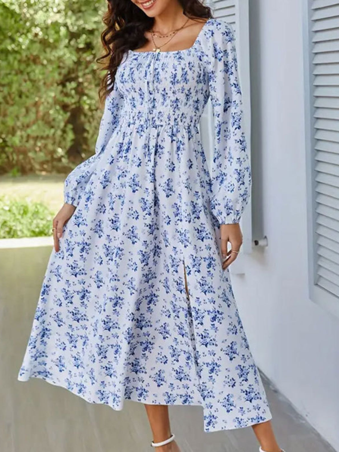 Chic Floral Midi: Square Neck, Balloon Long Sleeves, Slit Hem - MARIGOLD 