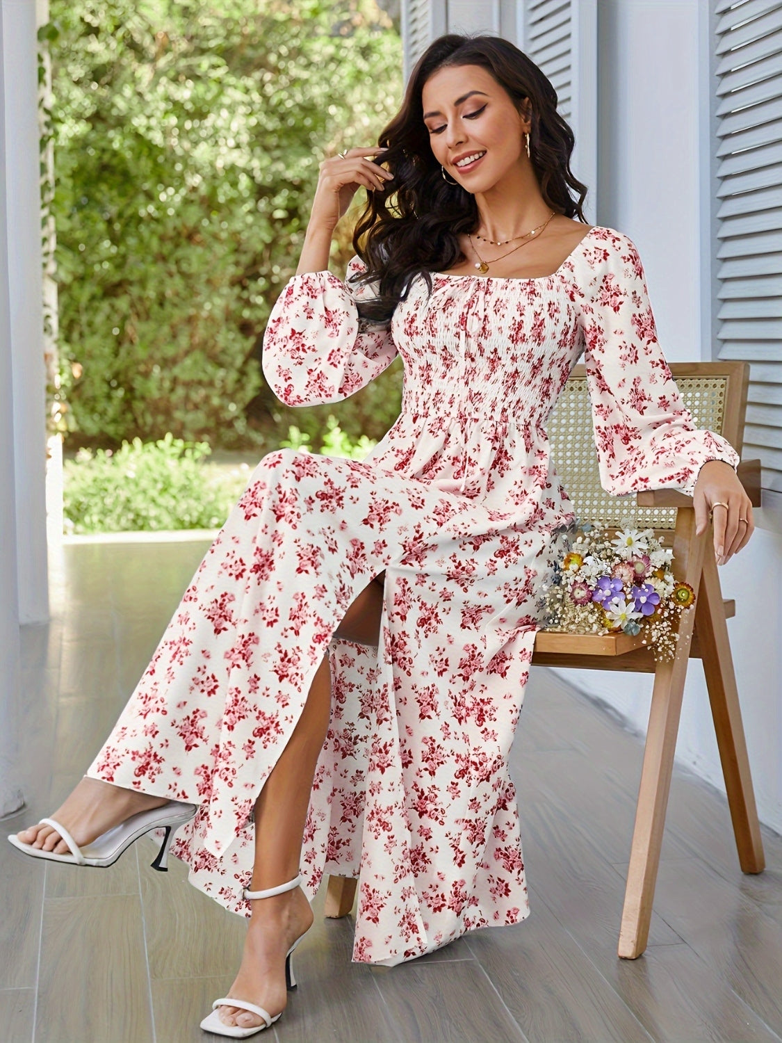 Chic Floral Midi: Square Neck, Balloon Long Sleeves, Slit Hem - MARIGOLD 