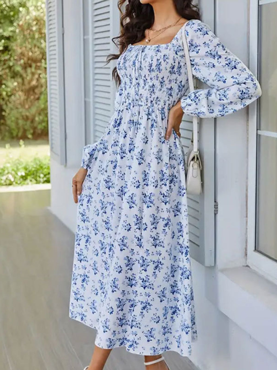 Chic Floral Midi: Square Neck, Balloon Long Sleeves, Slit Hem - MARIGOLD 