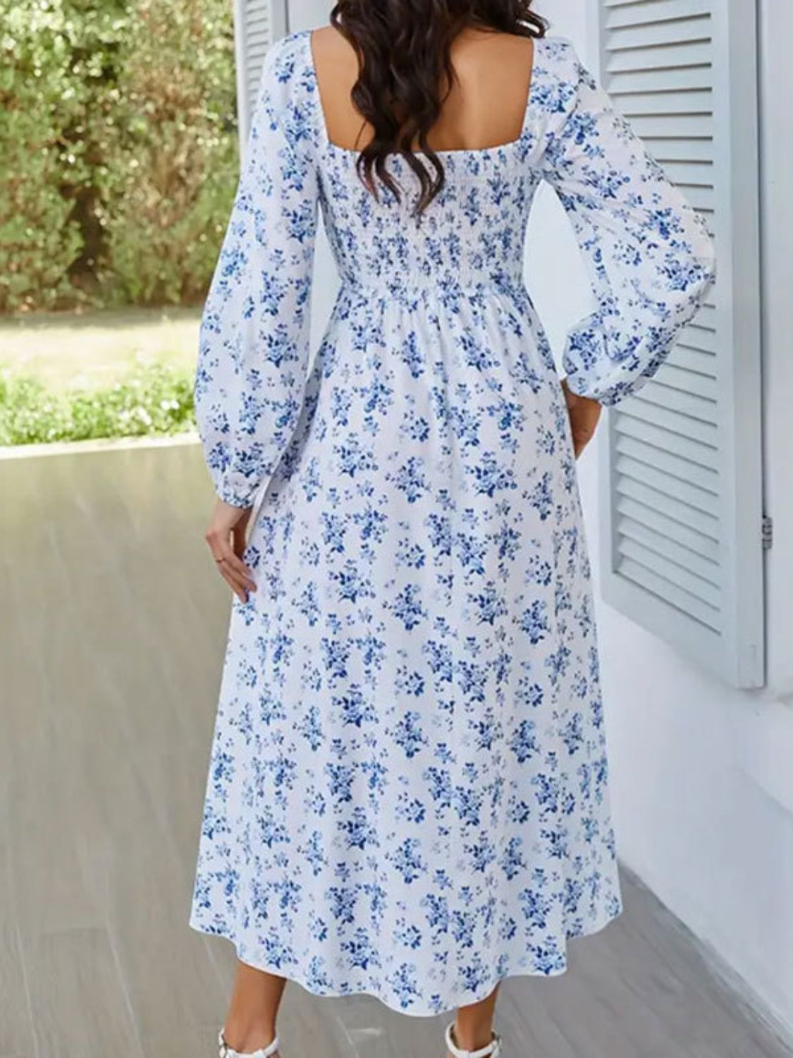 Chic Floral Midi: Square Neck, Balloon Long Sleeves, Slit Hem - MARIGOLD 