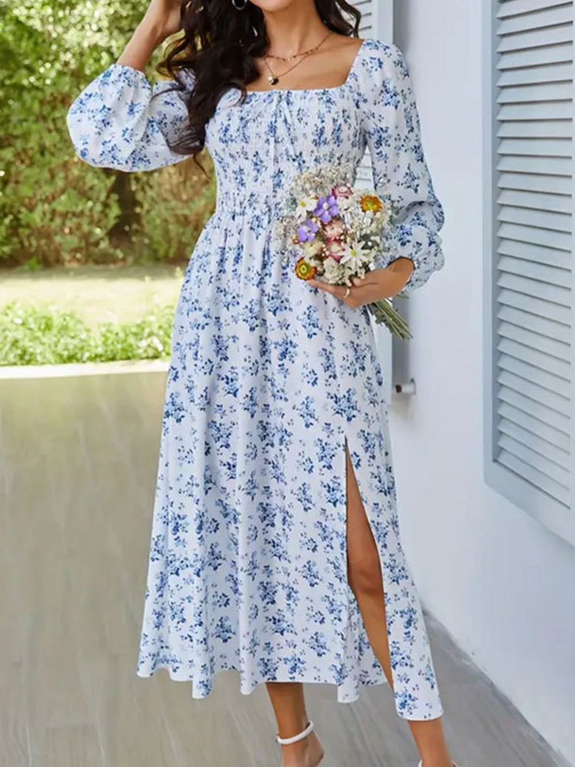 Chic Floral Midi: Square Neck, Balloon Long Sleeves, Slit Hem - MARIGOLD 
