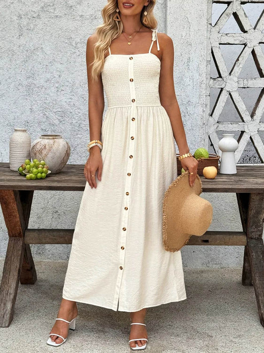 Smocked Button Front Tie Shoulder Dress - MARIGOLD 
