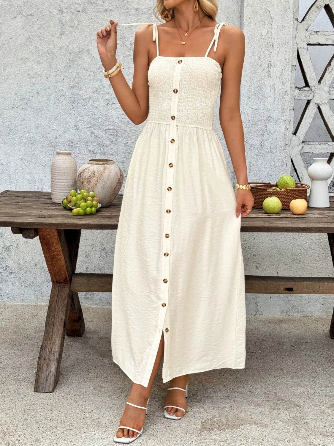 Smocked Button Front Tie Shoulder Dress - MARIGOLD 