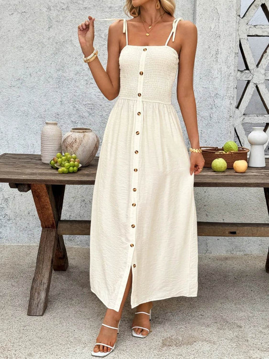Smocked Button Front Tie Shoulder Dress - MARIGOLD 
