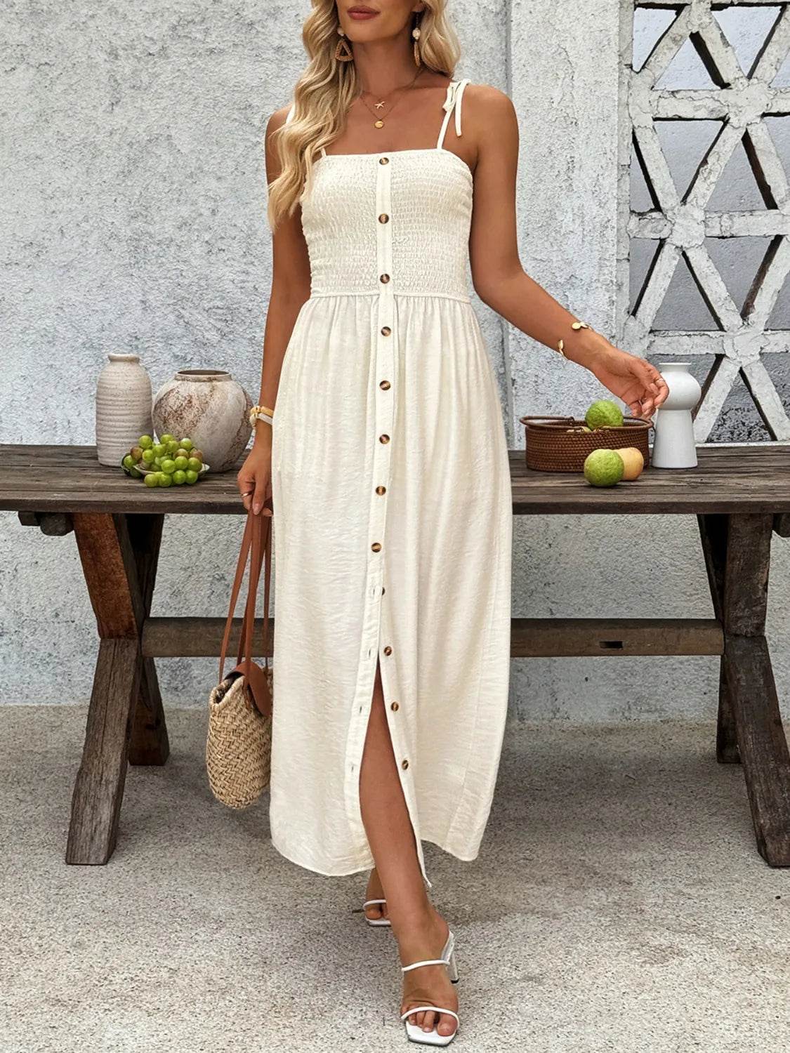 Smocked Button Front Tie Shoulder Dress - MARIGOLD 