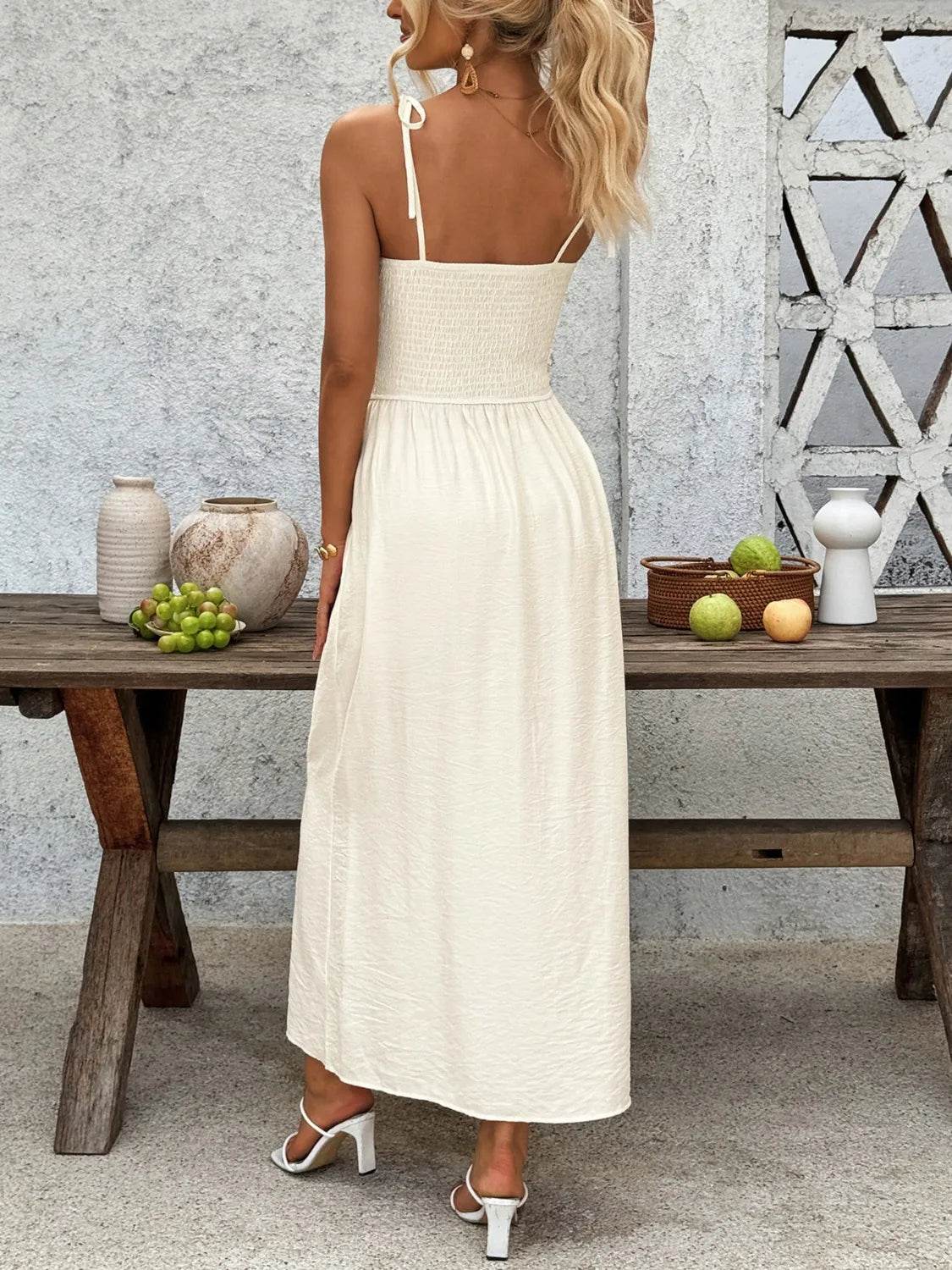 Smocked Button Front Tie Shoulder Dress - MARIGOLD 