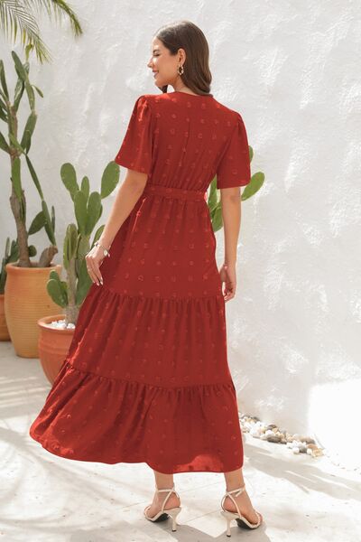 Swiss Dot Tied Surplice Short Sleeve Dress - MARIGOLD 