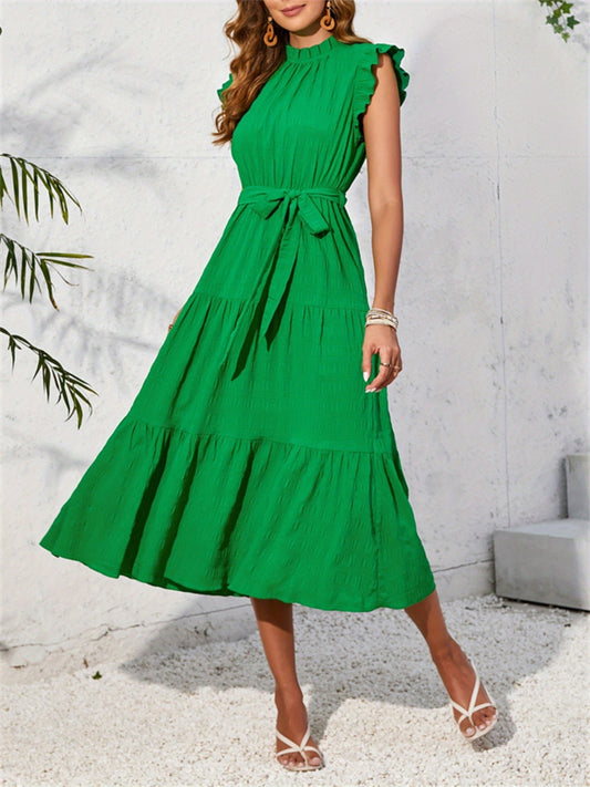 Frill Mock Neck Ruffled Cap Sleeve Midi Dress - MARIGOLD 