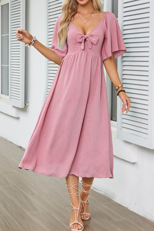Elegant Midi Dress with Bow Tie Front and Flutter Sleeves - MARIGOLD 