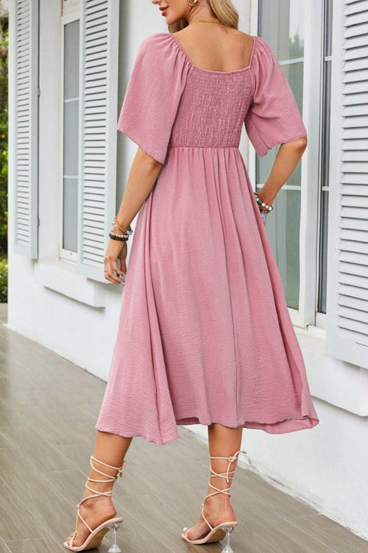 Elegant Midi Dress with Bow Tie Front and Flutter Sleeves - MARIGOLD 