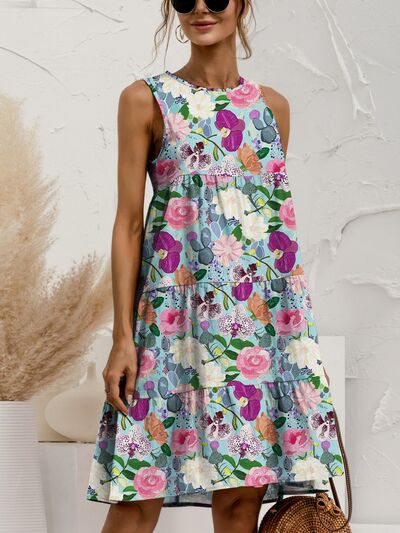 Floral Printed Round Neck Sleeveless Tiered Dress - MARIGOLD 