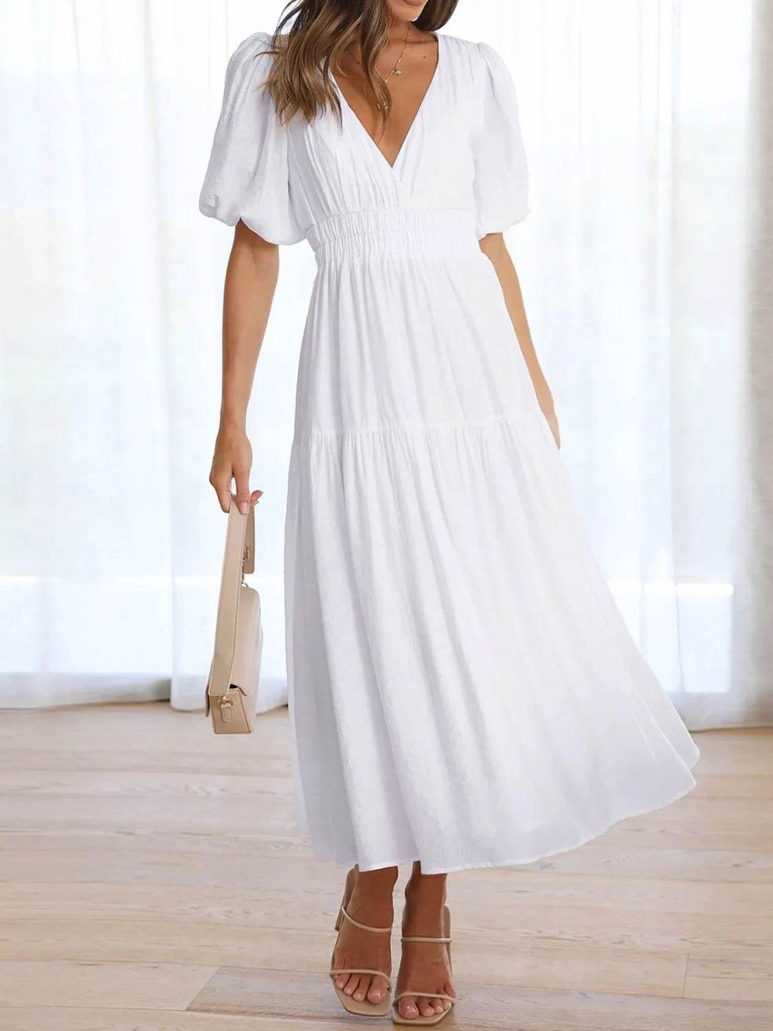 V-Neck Puff Sleeve Midi Dress - MARIGOLD 