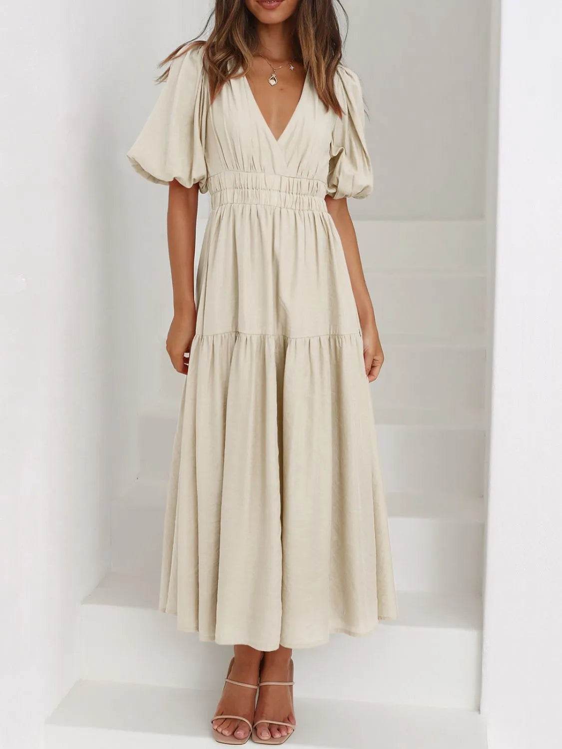 V-Neck Puff Sleeve Midi Dress - MARIGOLD 