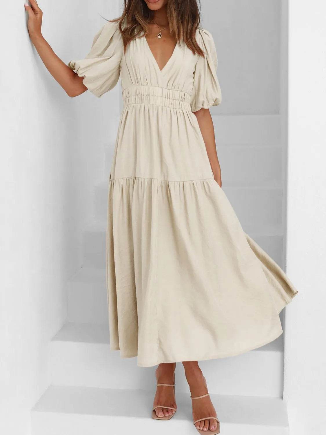 V-Neck Puff Sleeve Midi Dress - MARIGOLD 