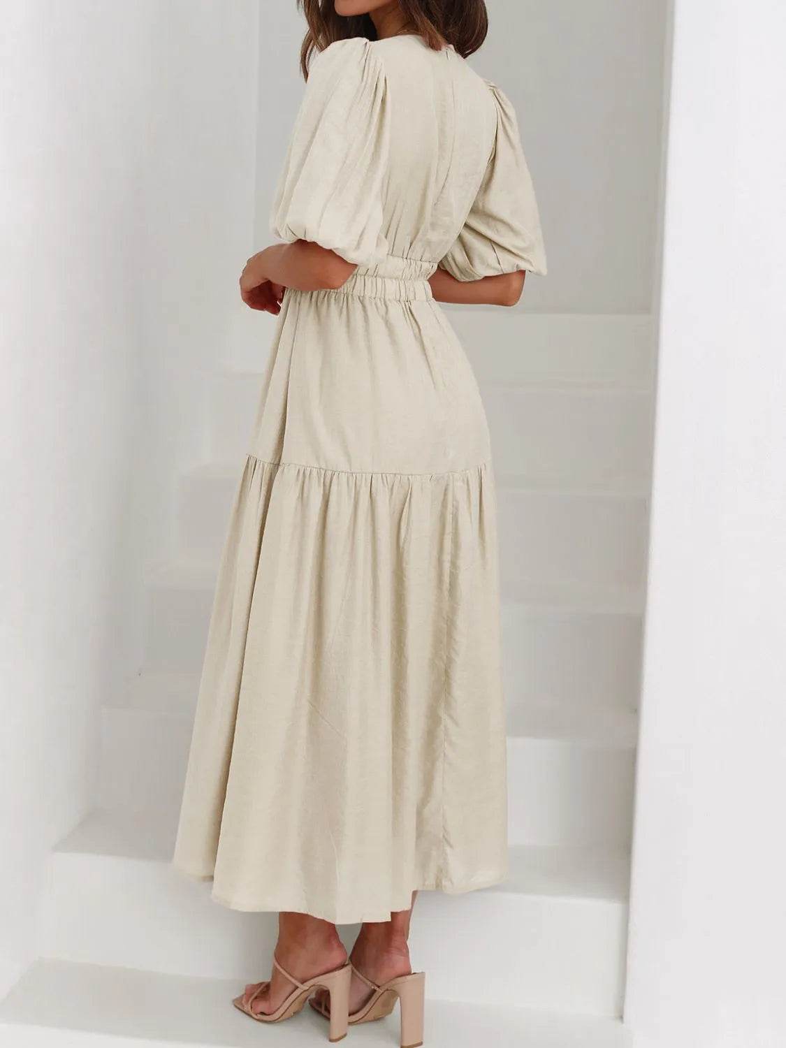 V-Neck Puff Sleeve Midi Dress - MARIGOLD 