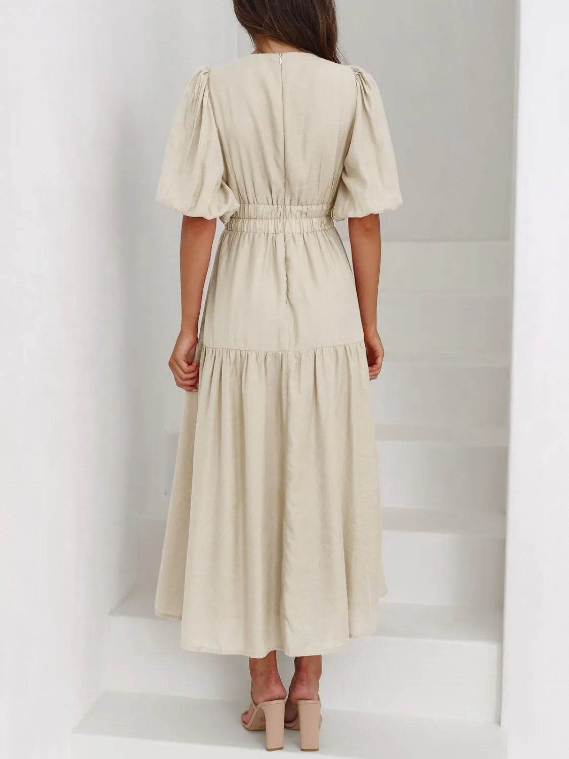 V-Neck Puff Sleeve Midi Dress - MARIGOLD 